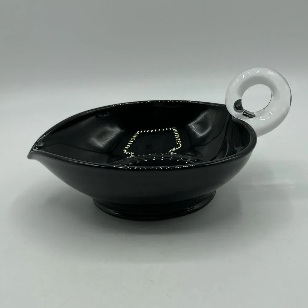 Vtg Black Glass Heart Candy Trinket Nappy Dish Applied Clear Loop Handle 6.25”